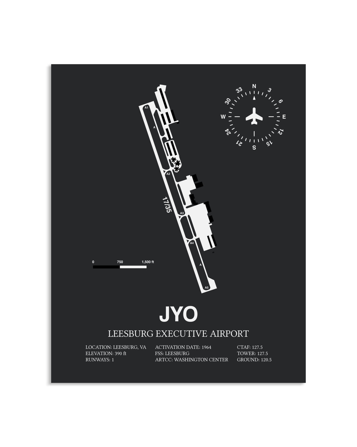 Gray Framed Leesburg Executive Airport layout wall art poster