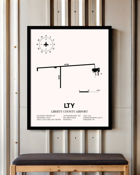 Liberty County Airport framed poster displayed in an airplane hangar