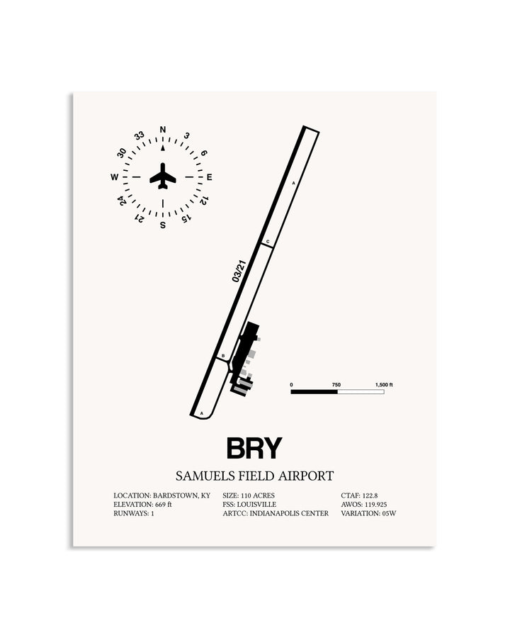Gray Samuels Field Airport framed poster displayed in an airplane hangar