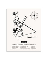 Gray Odessa Airport-Schlemeyer Field framed poster displayed in an airplane hangar