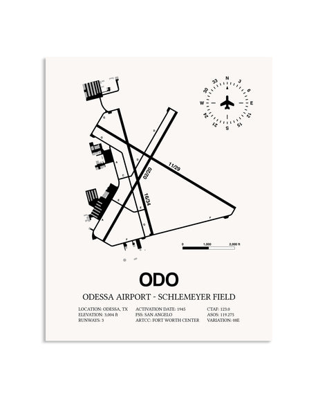 Gray Odessa Airport-Schlemeyer Field framed poster displayed in an airplane hangar