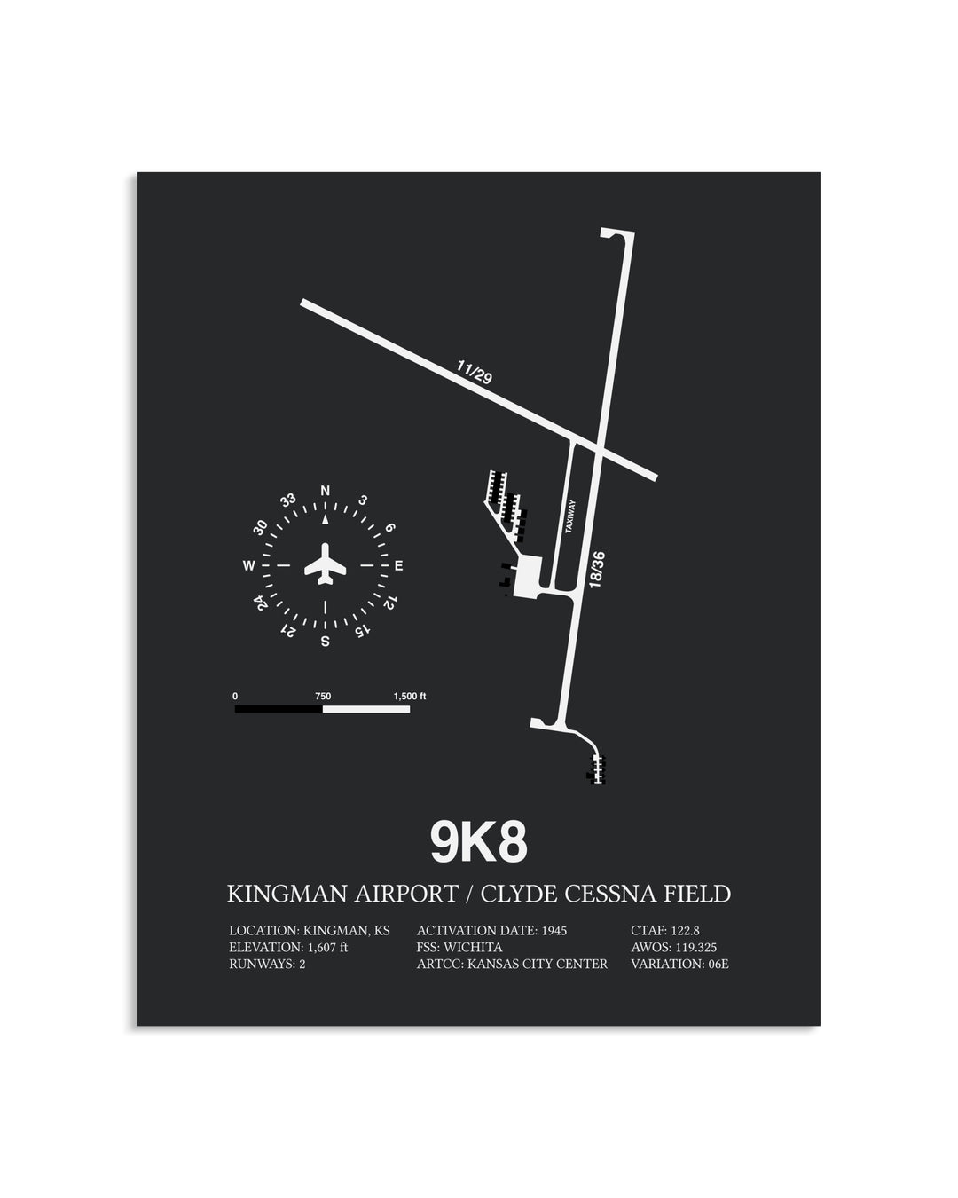 Gray Framed Kingman Airport / Clyde Cessna Field layout wall art poster