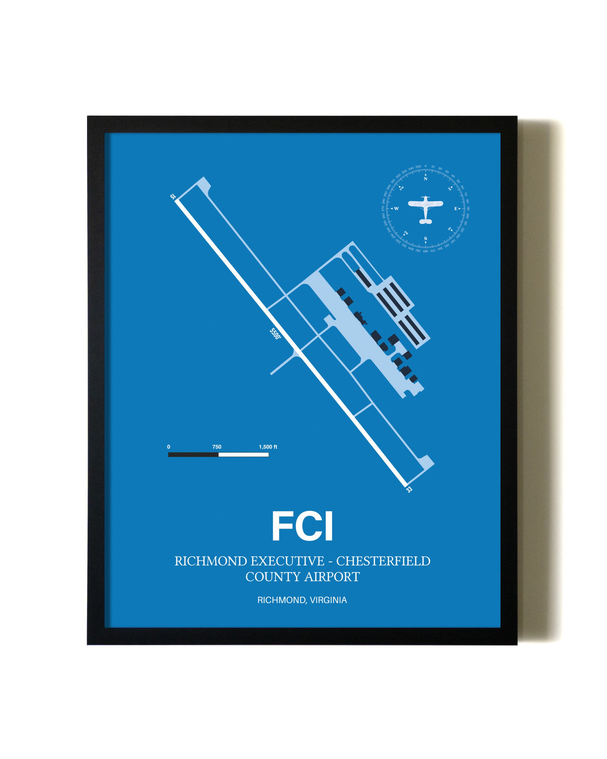 Sky Blue Richmond Executive-Chesterfield County Airport aviation wall décor in black wood frame