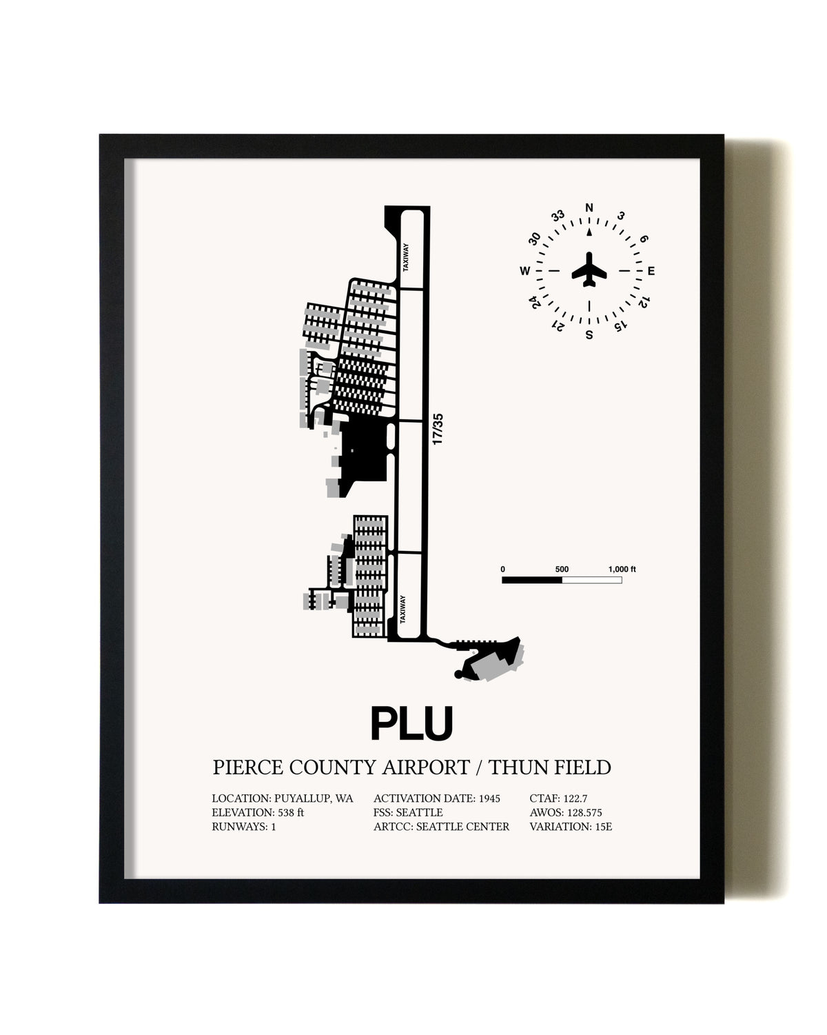 Framed Pierce County Airport / Thun Field wall art poster in black frame