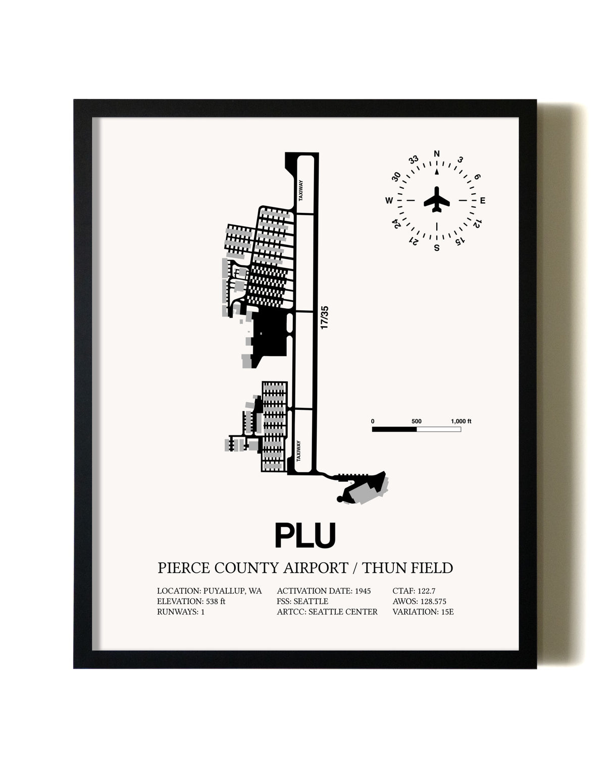 Framed Pierce County Airport / Thun Field wall art poster in black frame