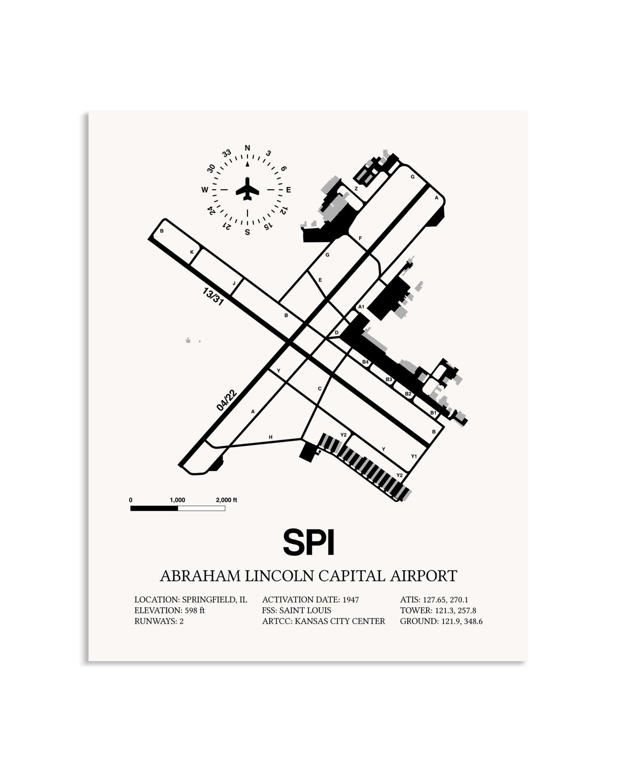 Gray Abraham Lincoln Capital Airport framed poster displayed in an airplane hangar