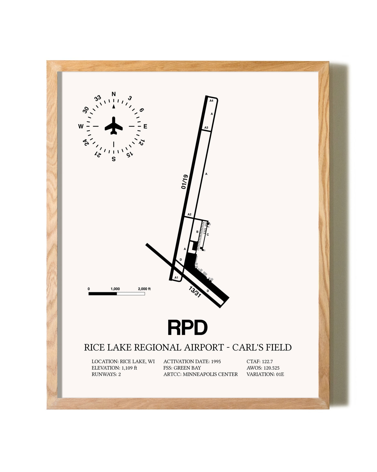 Rice Lake Regional Airport-Carl's Field framed print in natural wood frame