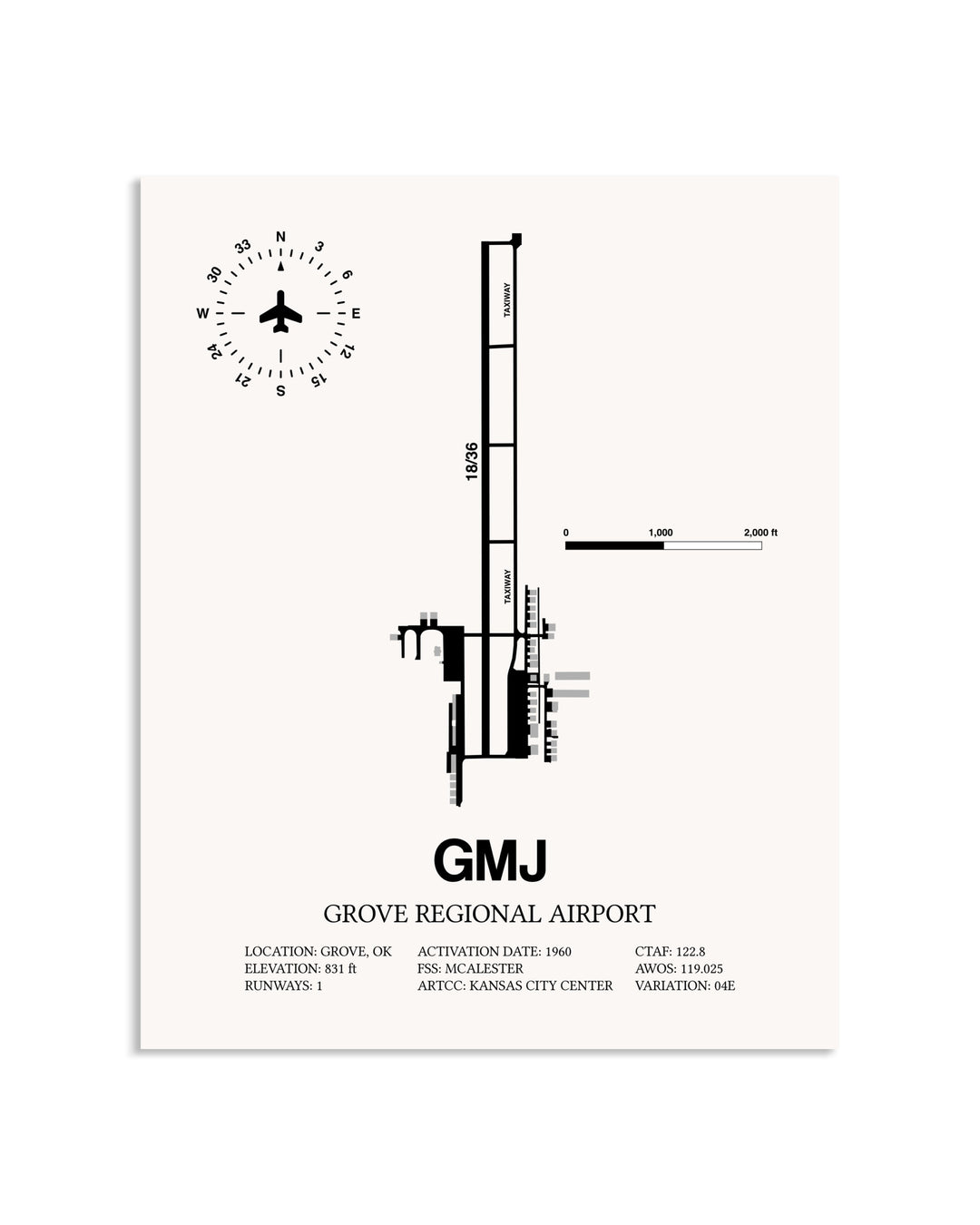 Gray Grove Regional Airport framed poster displayed in an airplane hangar