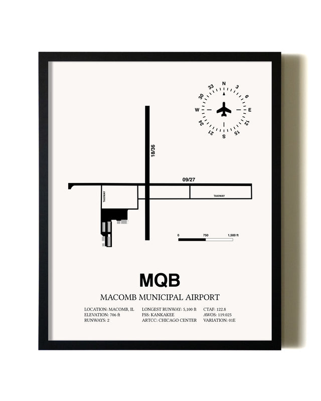 Framed Macomb Municipal Airport wall art poster in black frame