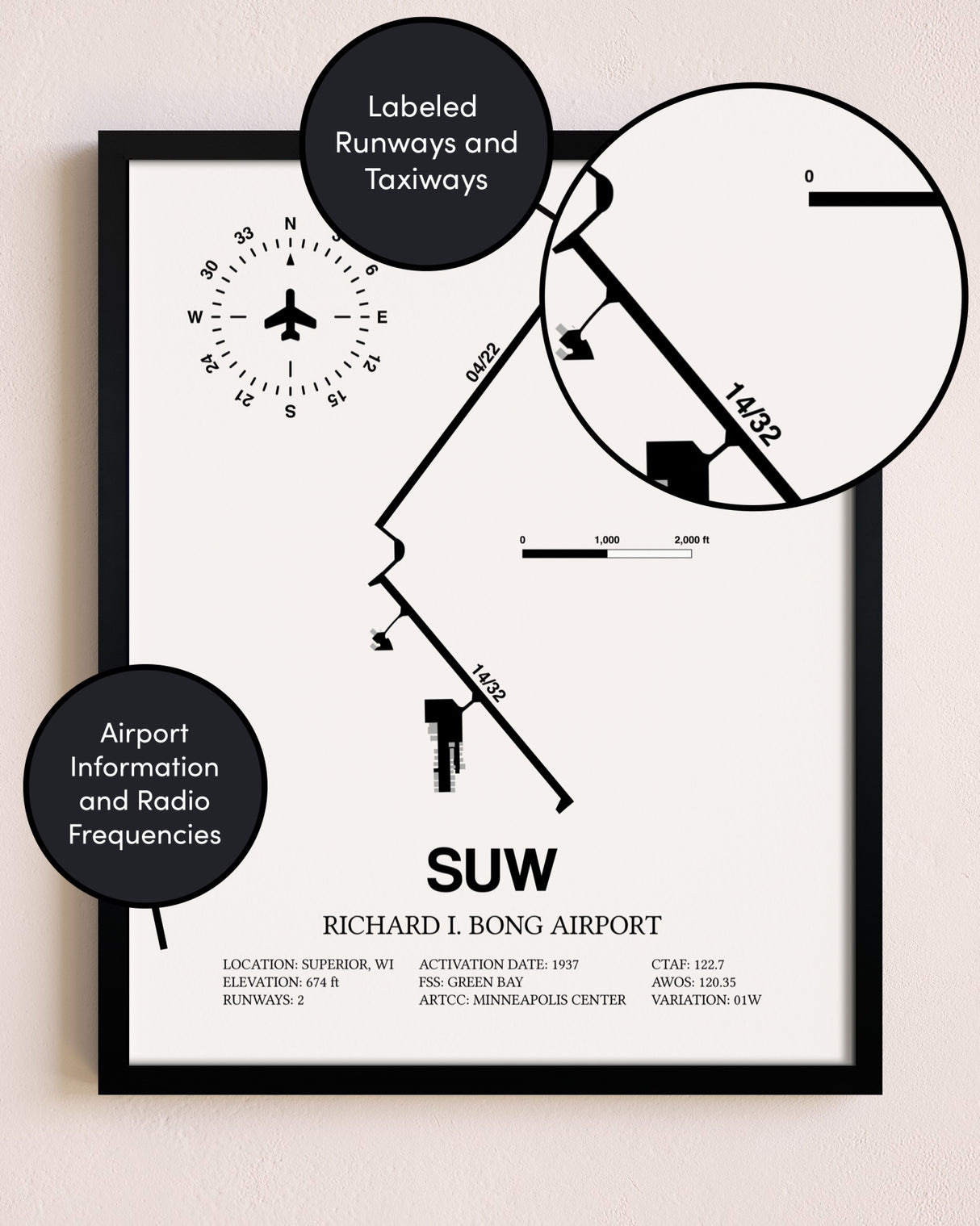 Framed Richard I Bong Airport layout wall art poster