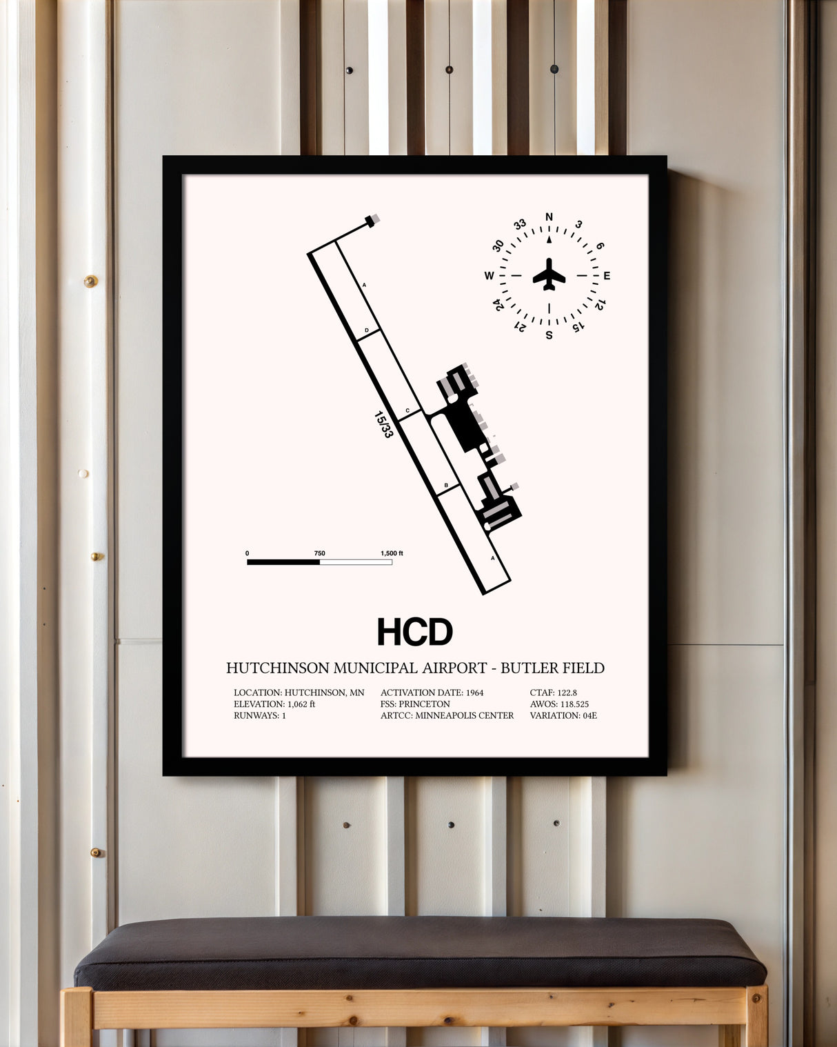 Hutchinson Municipal Airport-Butler Field framed poster displayed in an airplane hangar
