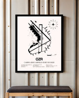 Cairns Army Airfield (Fort Rucker) framed poster displayed in an airplane hangar