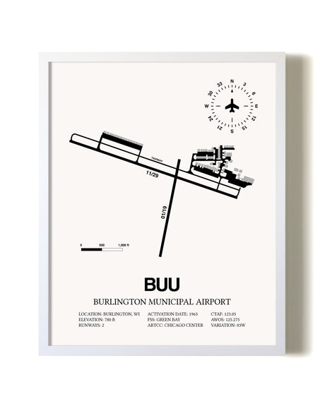 Burlington Municipal Airport airport map poster in oak frame