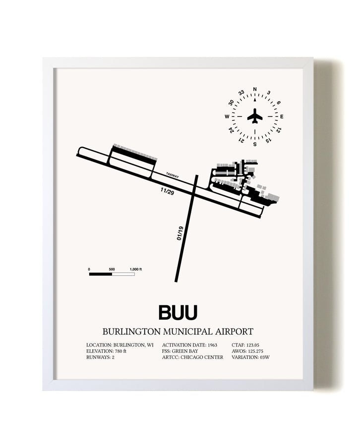 Burlington Municipal Airport airport map poster in oak frame