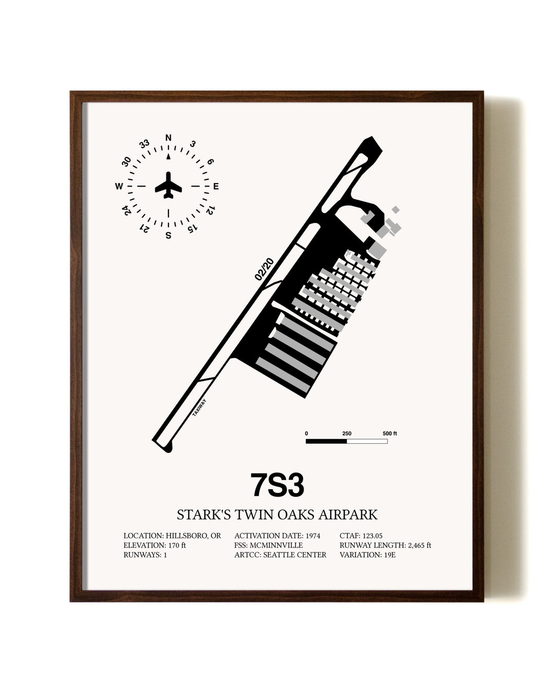 Stark's Twin Oaks Airpark aviation print in walnut frame