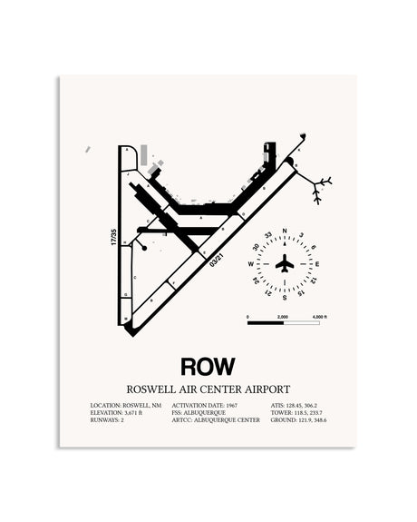Gray Roswell Air Center Airport framed poster displayed in an airplane hangar
