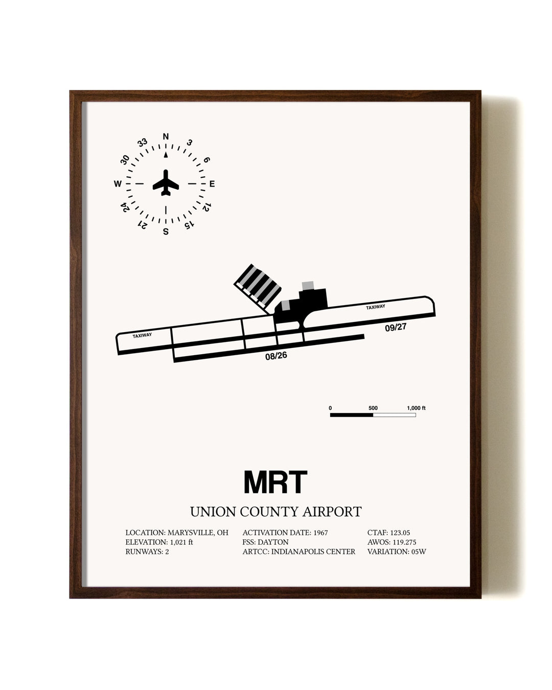 Union County Airport aviation print in walnut frame