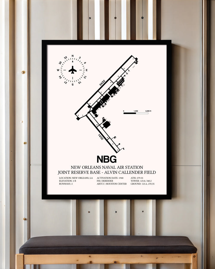 New Orleans Naval Air Station Joint Reserve Base-Alvin Callender Field framed poster displayed in an airplane hangar