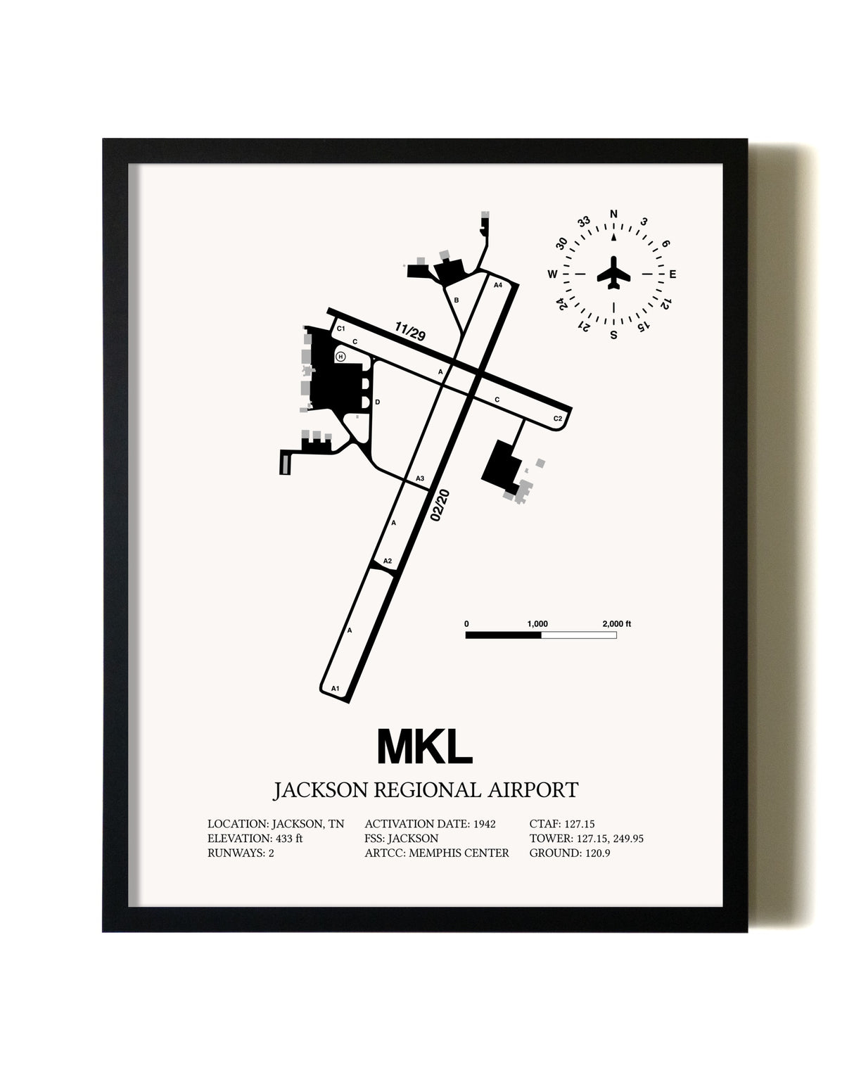 Framed Jackson Regional Airport wall art poster in black frame