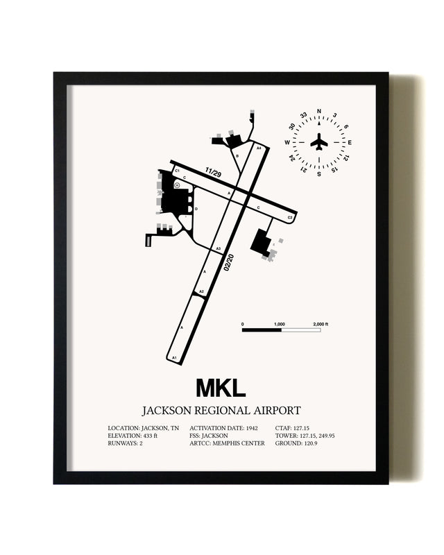 Framed Jackson Regional Airport wall art poster in black frame