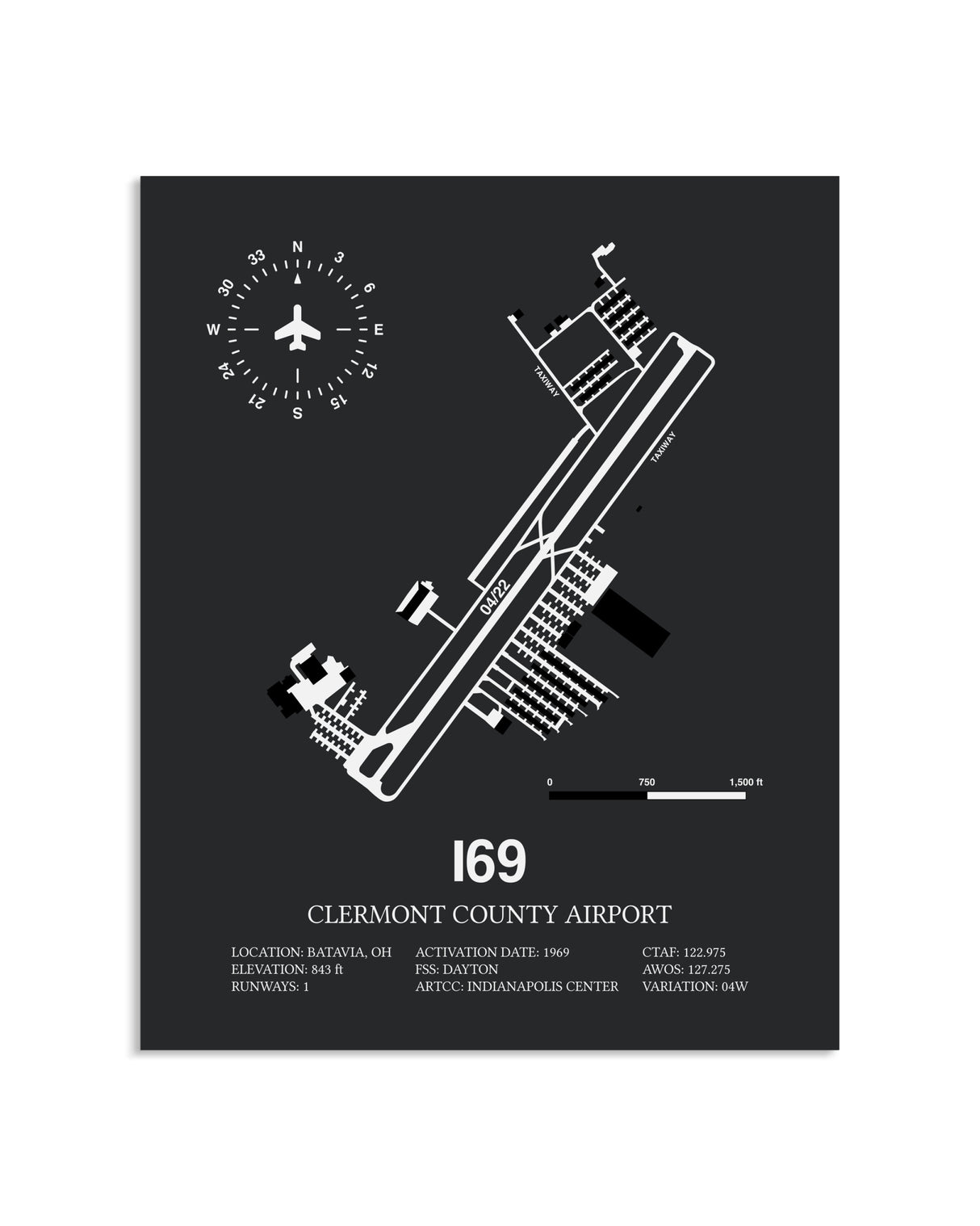 Gray Framed Clermont County Airport layout wall art poster