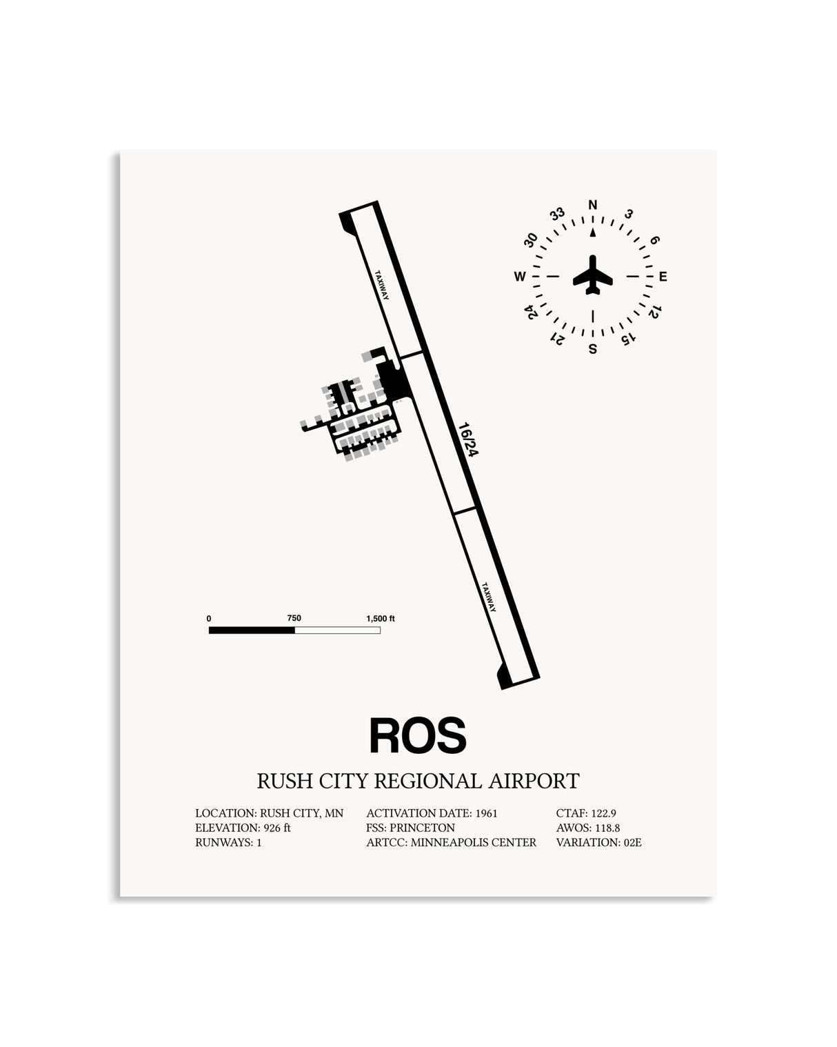 Gray Rush City Regional Airport framed poster displayed in an airplane hangar