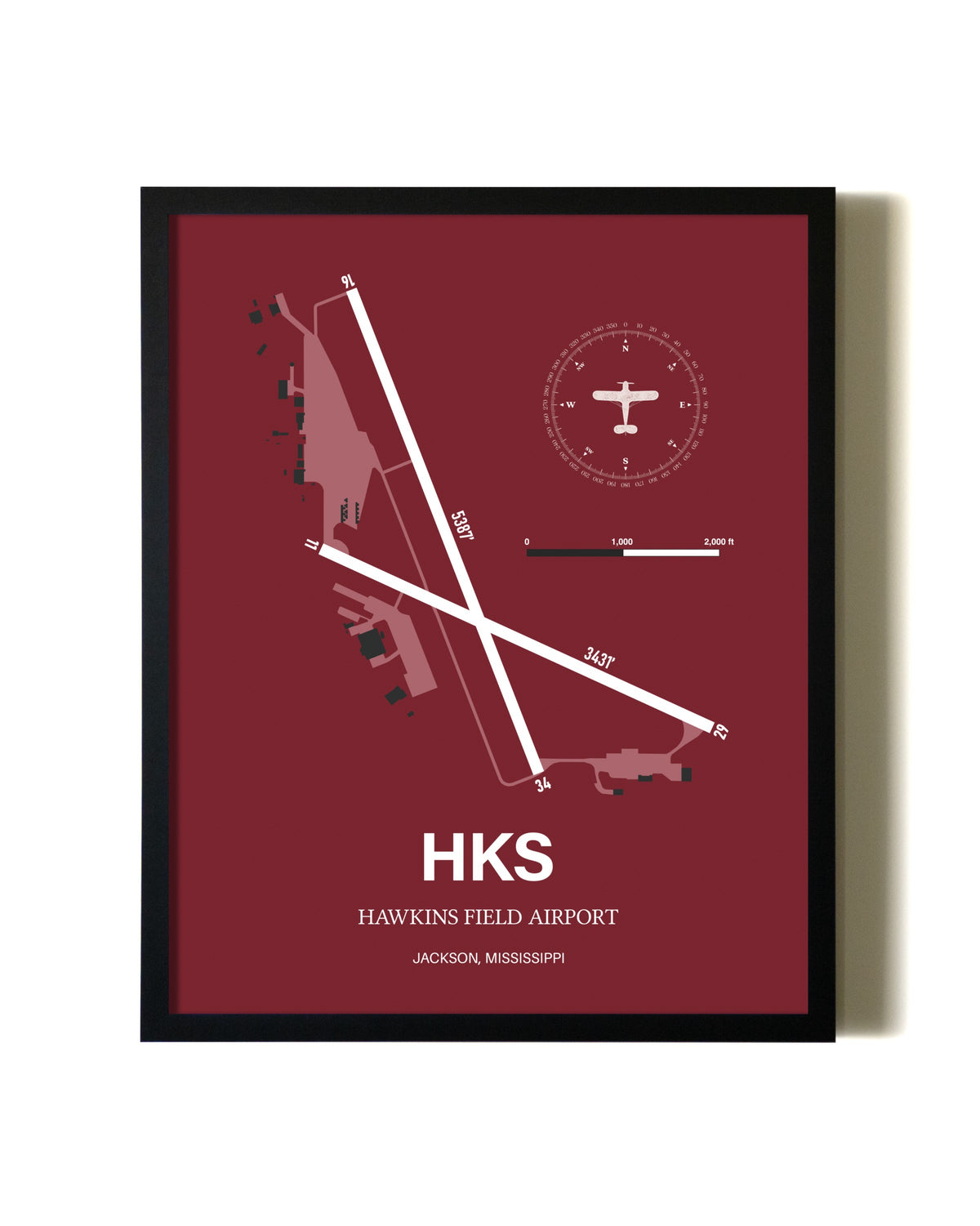 Red Framed Hawkins Field Airport wall art poster in black frame