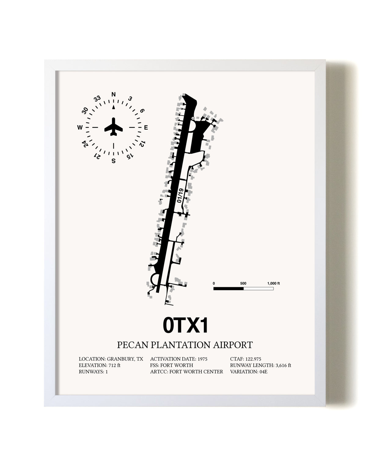 Pecan Plantation Airport airport map poster in oak frame