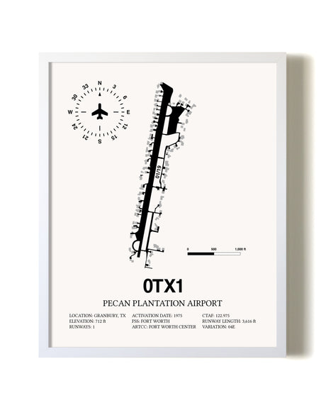Pecan Plantation Airport airport map poster in oak frame