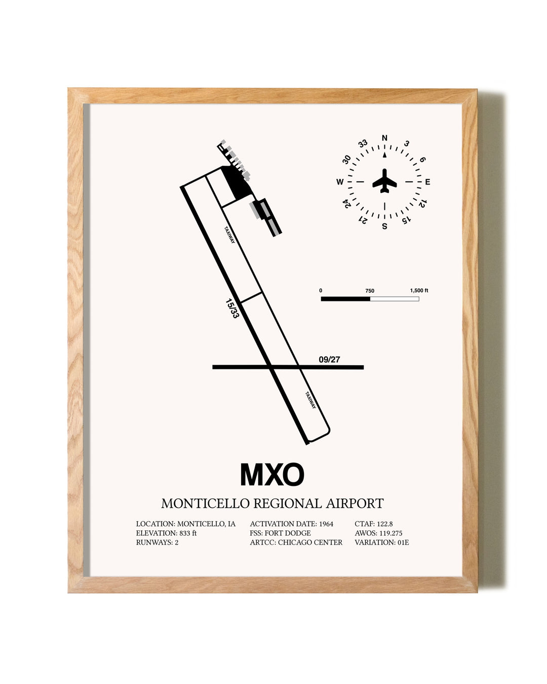 Monticello Regional Airport framed print in natural wood frame