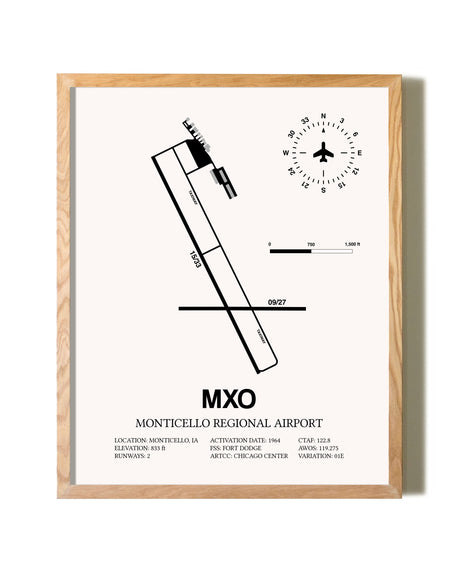 Monticello Regional Airport framed print in natural wood frame