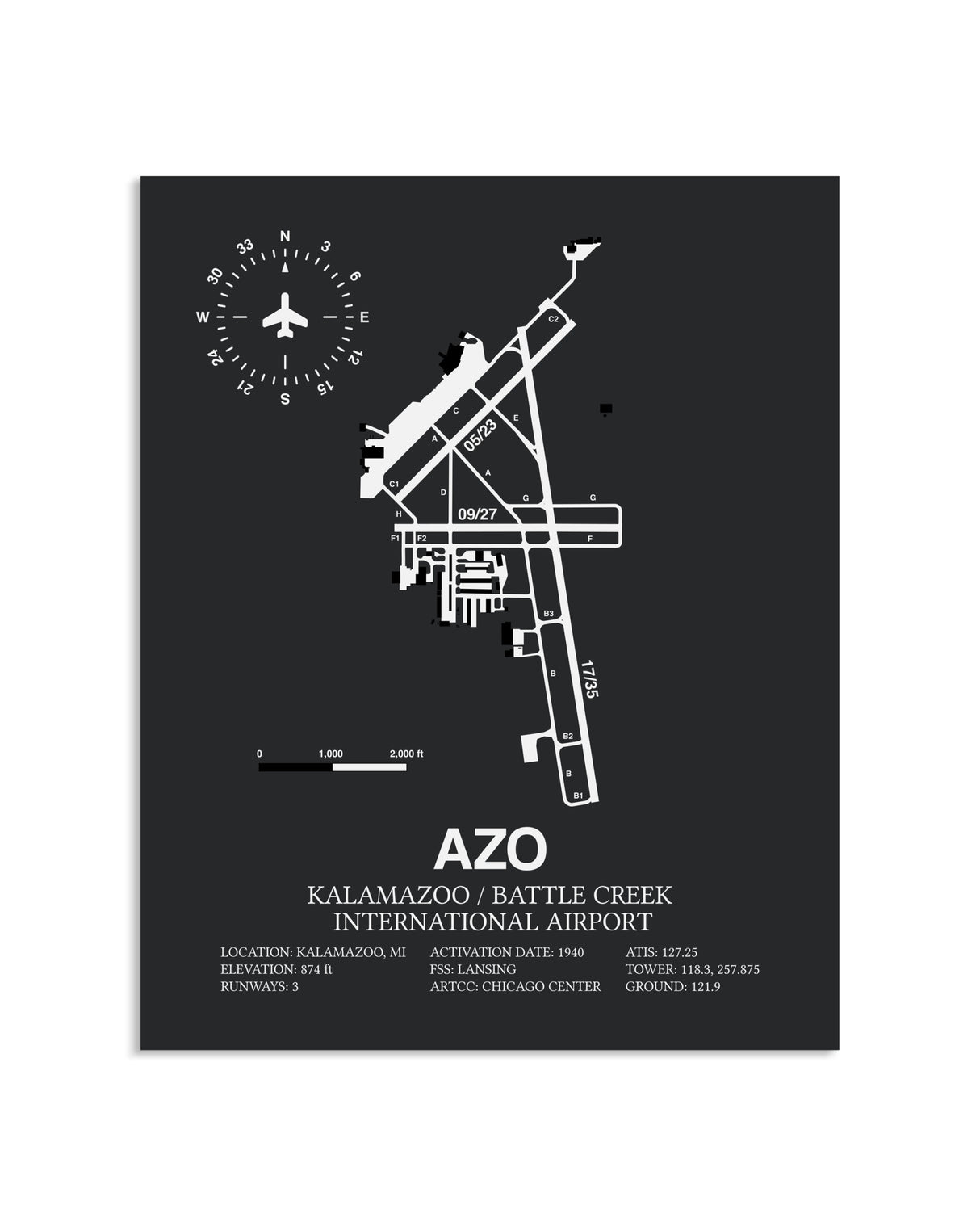 Gray Framed Kalamazoo / Battle Creek International Airport layout wall art poster