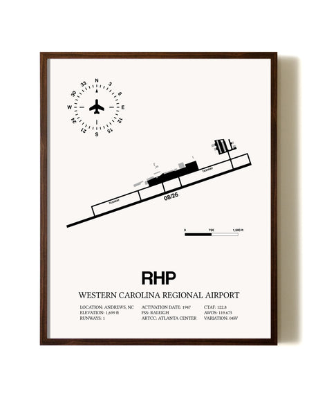 Western Carolina Regional Airport aviation print in walnut frame