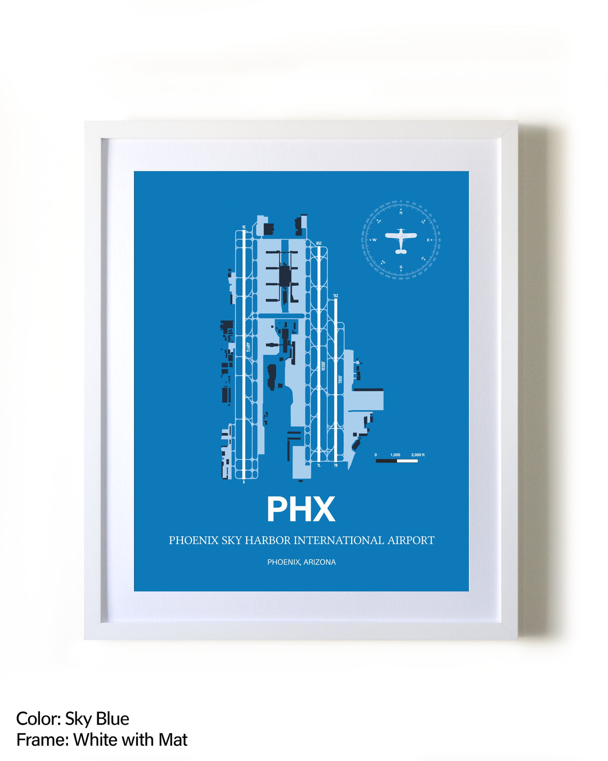 Phoenix Sky Harbor International Airport framed wall art in white frame with mat