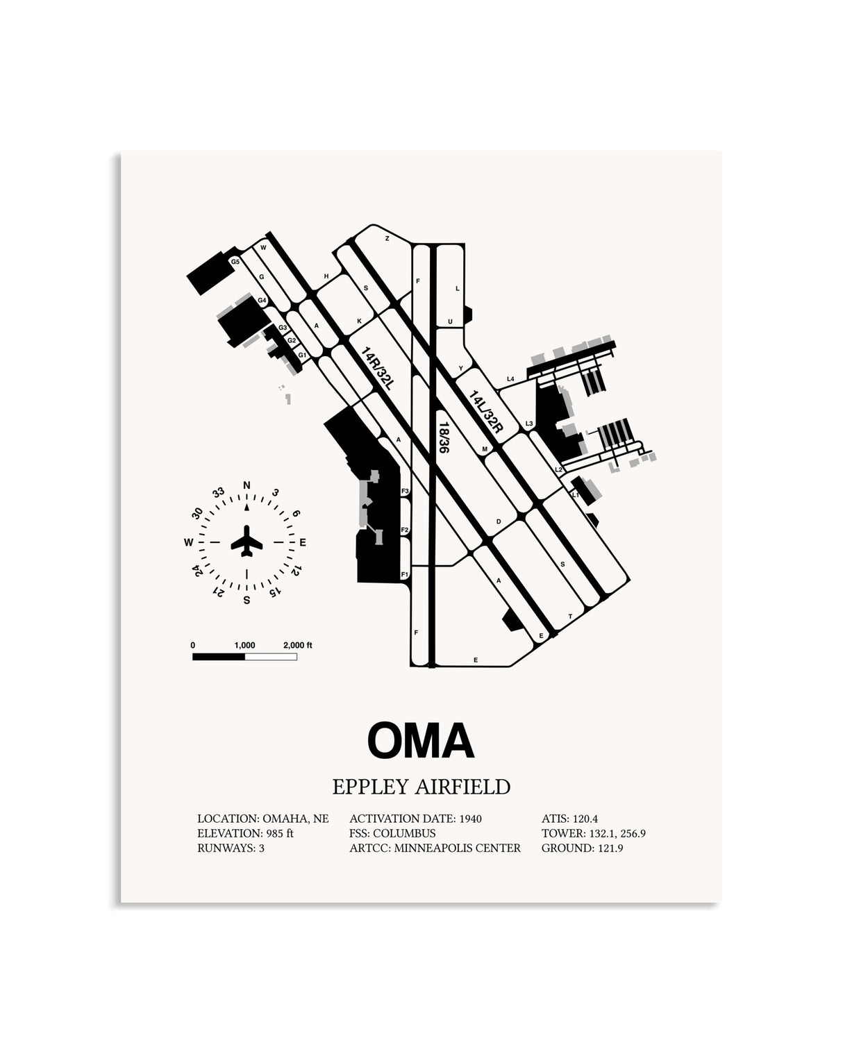 Gray Eppley Airfield framed poster displayed in an airplane hangar
