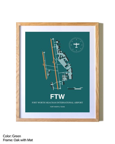 Fort Worth Meacham International Airport airport map poster in oak frame with mat