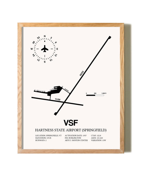 Hartness State Airport (Springfield) framed print in natural wood frame