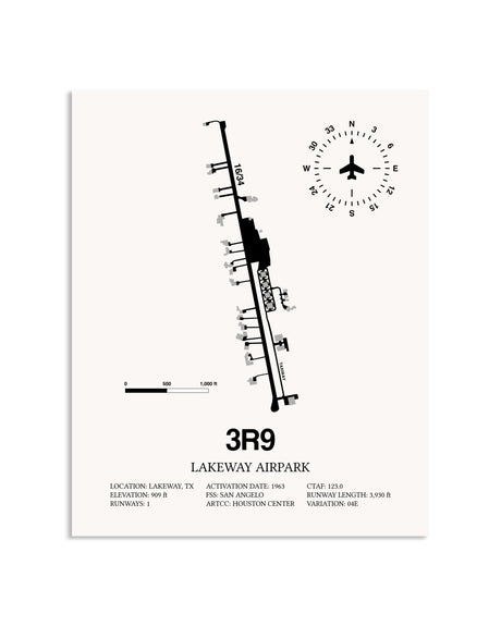Gray Lakeway Airpark framed poster displayed in an airplane hangar