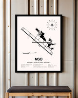 Missoula Montana Airport framed poster displayed in an airplane hangar