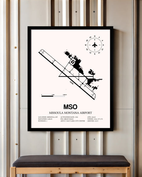 Missoula Montana Airport framed poster displayed in an airplane hangar