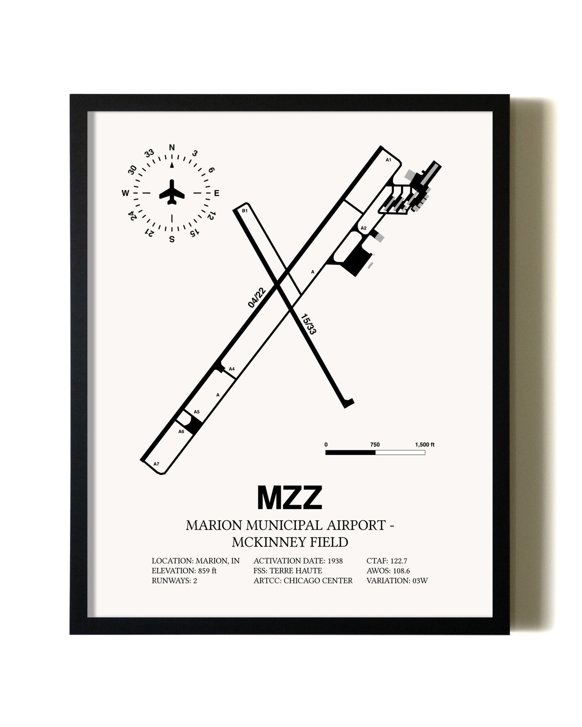 Framed Marion Municipal Airport-McKinney Field wall art poster in black frame