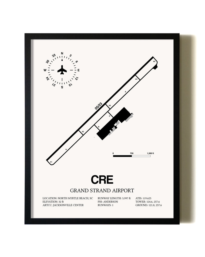 Framed Grand Strand Airport wall art poster in black frame