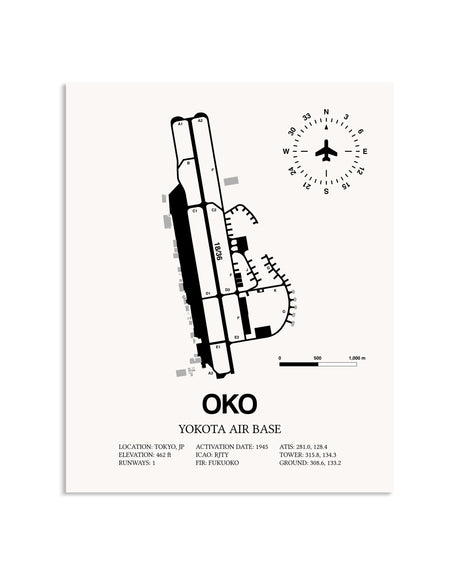 Gray Yokota Air Base framed poster displayed in an airplane hangar