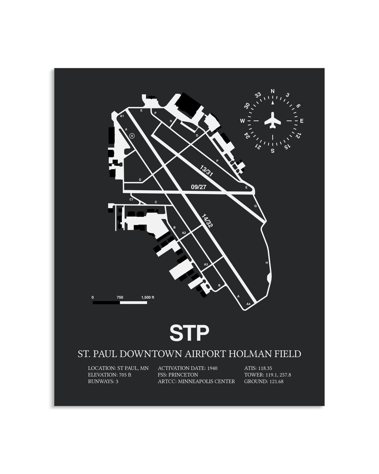 Gray Framed St. Paul Downtown Airport Holman Field layout wall art poster