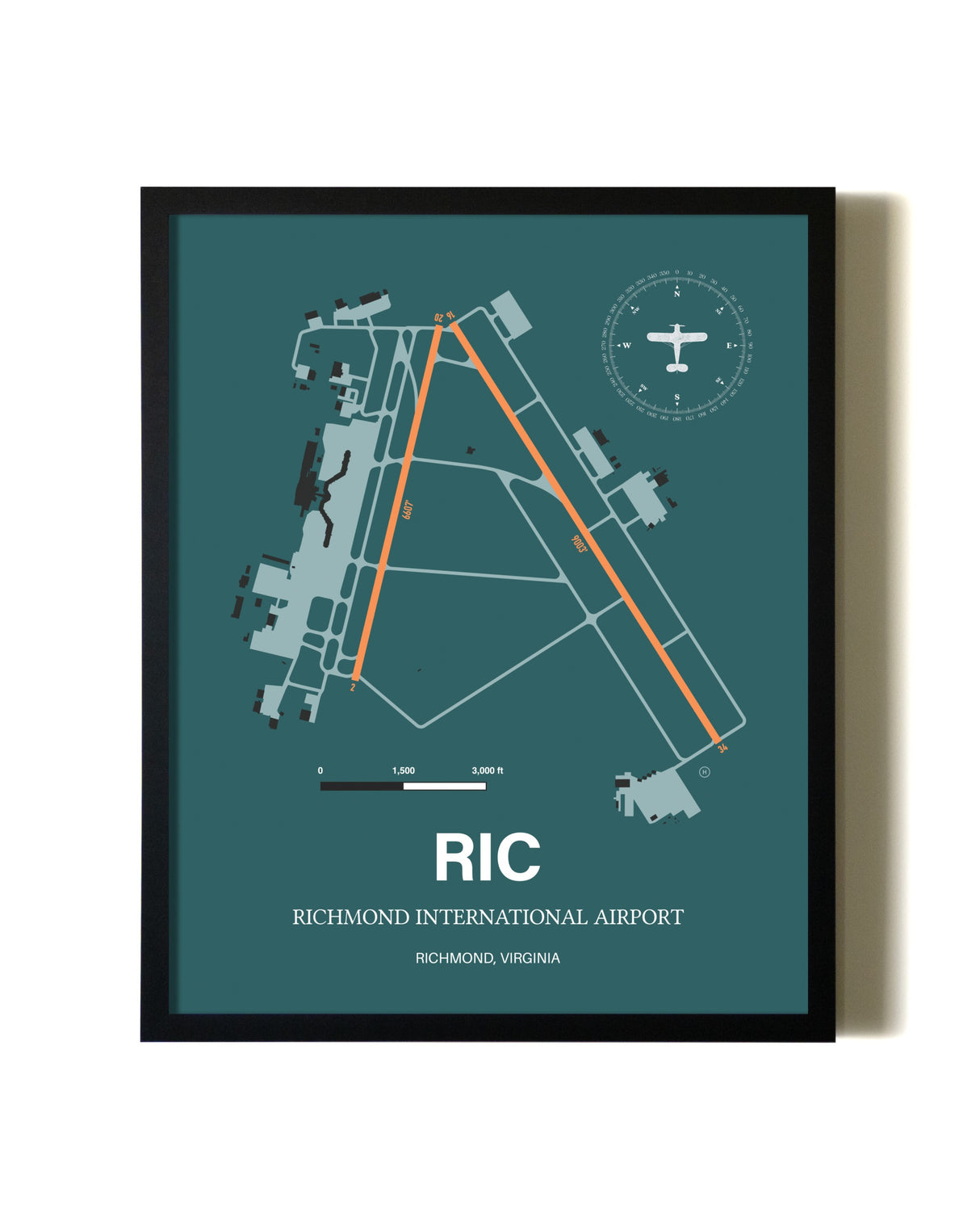 Green Richmond International Airport aviation wall décor in black wood frame
