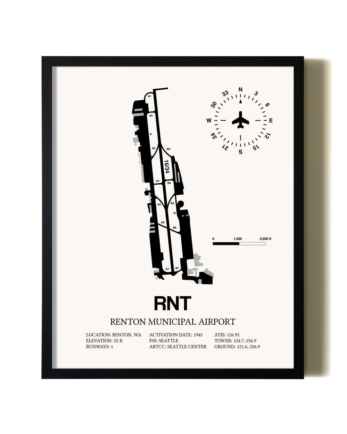 Framed Renton Municipal Airport wall art poster in black frame