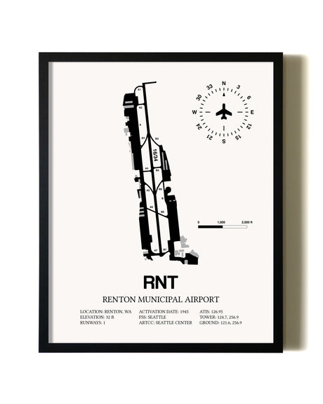 Framed Renton Municipal Airport wall art poster in black frame