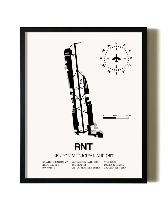 Framed Renton Municipal Airport wall art poster in black frame
