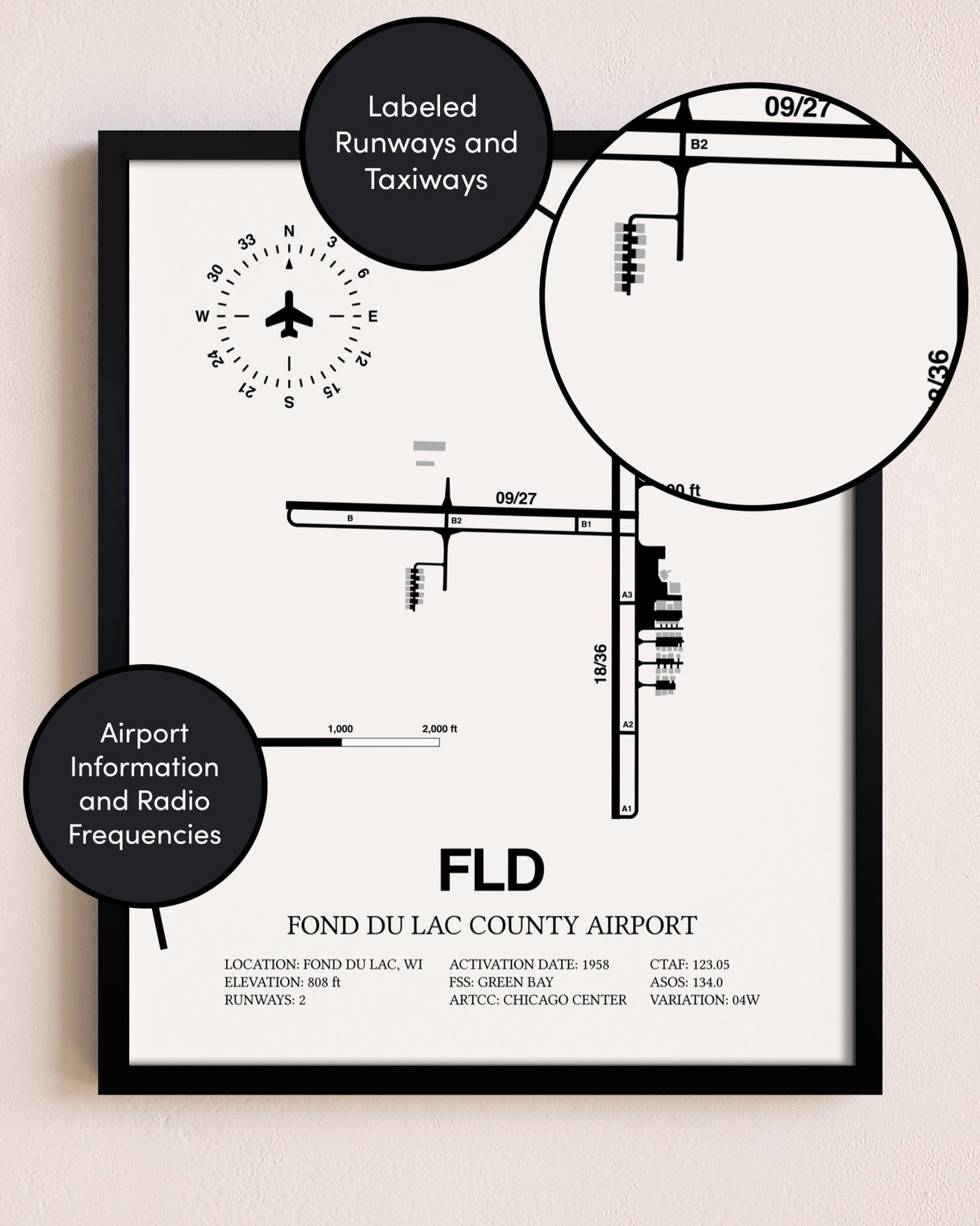 Framed Fond Du Lac County Airport layout wall art poster