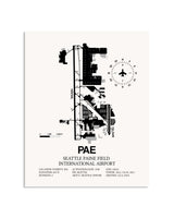 Gray Seattle Paine Field International Airport framed poster displayed in an airplane hangar